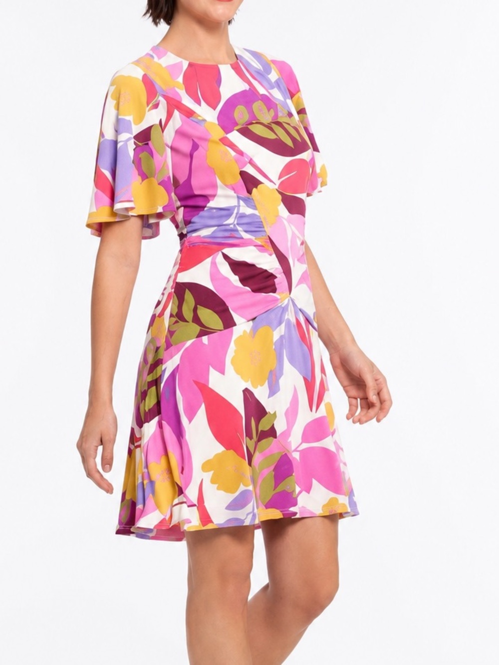 Donna Morgan Floral Twist Front Dress Size 4 Pink Purple Stretch Lined